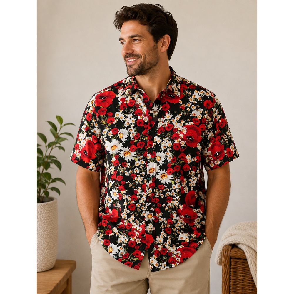 Vatpave Mens Floral Button Down Shirt Red Poppy White Daisy Short Sleeve 3XL